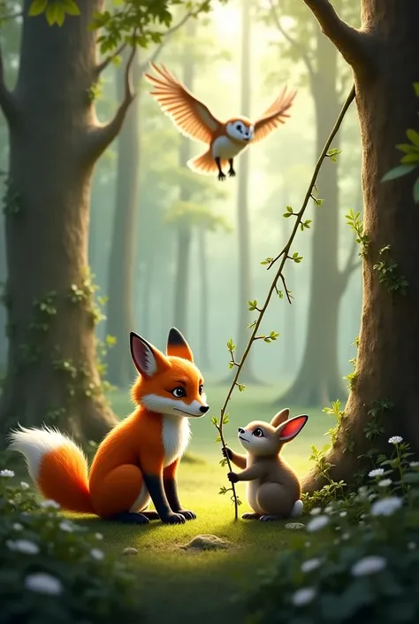 A little fox pulling a rabbit to safety with a vine while an owl flaps its wings.
