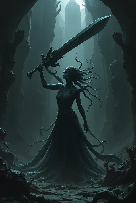 Feminine Tentacles, Dark Fantasy, Dark Atmosphere, lift the big sword, Hit the tip of the sword, The background is inside Hwaro's Castle, dynamic, shanhaiyishou, horror, nq