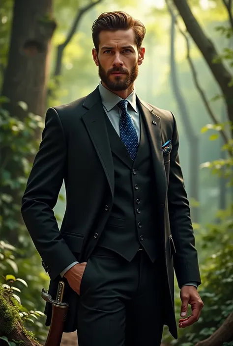 Handsome brown-haired man with short beard dressed in a 3-piece black suit wearing a gray shirt and blue tie with dots hunting with a crossbow in his hand and a sword in his holster in the woods