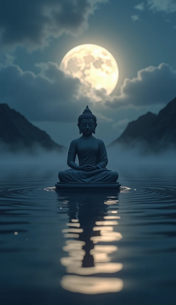 Moonlit water surface、Buddha、 with a backlight 、