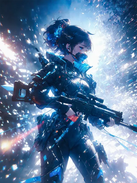 She is holding a rifle, which dominates the foreground, with the muzzle pointed ahead. Deep black, vibrant red, striking blue mix, bright highlights. Dark tactical style, intricate patterns, detailed textures, advanced technology, bright elements, dynamic ...