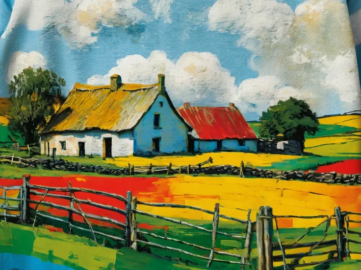 Oil sketch  ,  Of an Irish farm from 1876 ,   weak spots and artistic blur ,  yellow ,   Sky Blue  , red,  orange, green,   masterpiece, Detail, picasso style.  high resolution sweatshirt, 