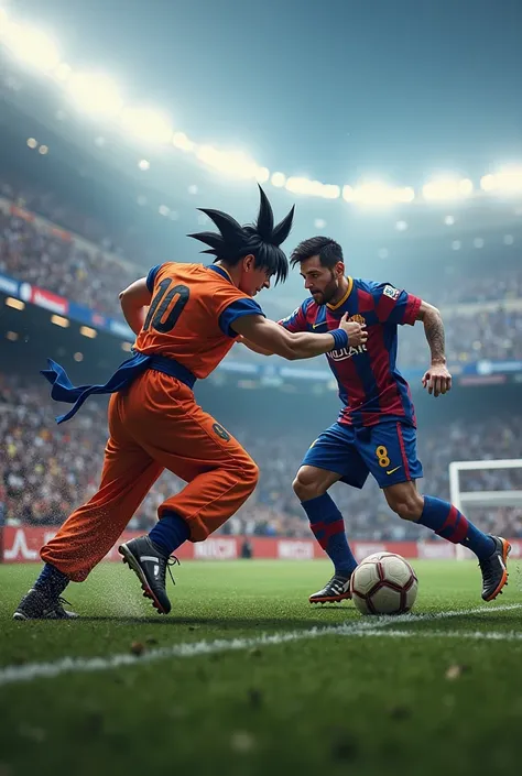 goku fighting messi in the camp noi stadium