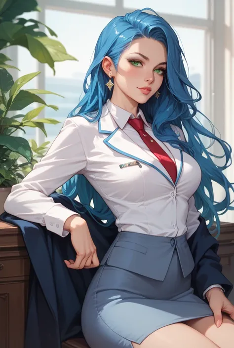 woman　blue hair green eyes long hair　 Business Suit 