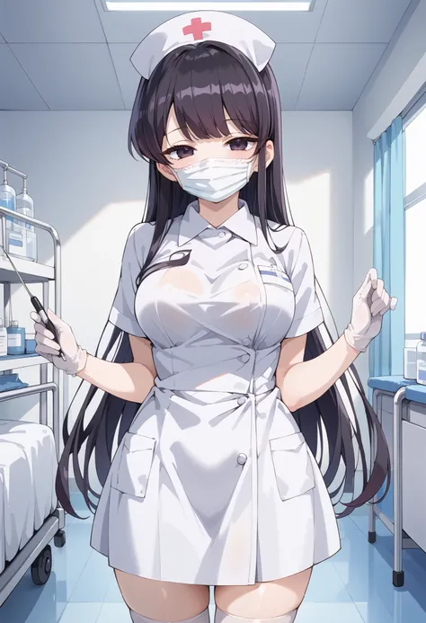 Score_9, score_8_up, score_7_up, source_anime, shouko komi, solo, long hair, bangs, black hair, black eyes, half-closed eyes, (best quality), (high quality), {masterpiece}, extremely delicate and beautiful, ultra-detailed, beautiful detailed eyes, nurse, n...