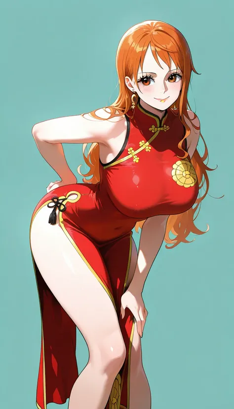 masterpiece, best quality, amazing quality, 1girl, Nami, one piece, orange eyes, orange hair, long hair, red Chinese cheongsam, beautiful legs, white legs, very happy smile, cow boy shot, leaning forward, simple background, medium size boobs , golden ratio...