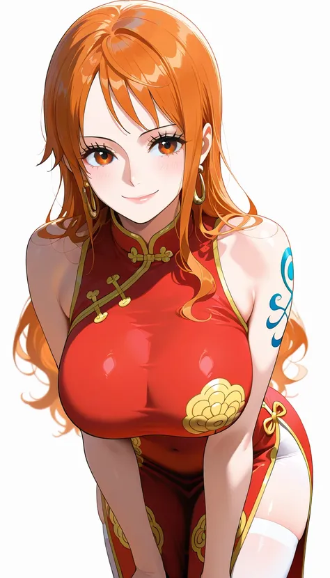 masterpiece, best quality, amazing quality, 1girl, Nami, one piece, orange eyes, orange hair, long hair, red Chinese cheongsam, beautiful legs, white legs, very happy smile, cow boy shot, leaning forward, simple background, medium size boobs , golden ratio...