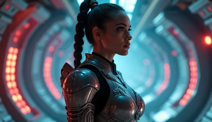 a woman wearing futuristic high-tech armor, standing in the interior of a sleek advanced spaceship, ready for battle, cinematic lighting, dramatic pose, highly detailed, photorealistic, 8k, intricate details, dynamic composition, glowing energy effects, me...