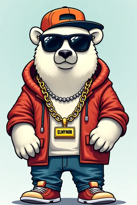 Cartoon of serious polar bear dressed as a rapper and chains with a pendant that says Elmynor 