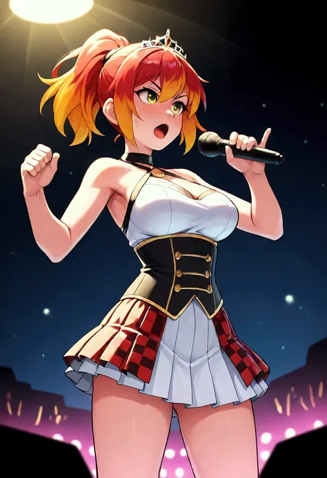 young idol on a stage, copper colored hair, ponytail, halter mini top (black-red,), underbust, mini pleated skirt (black-red checkered), small tiara, big breasts, very young, sexy, standing on stage, in front of a crowd in the spotlight, sexy dance, singin...