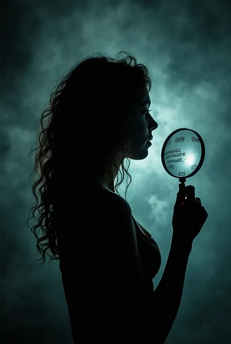 Silhouette of a woman on a dark and hazy background,  with a magnifying glass highlighted and subtle details of surrounding mysterious codes or symbols,  conveying a sense of investigation and mystery .