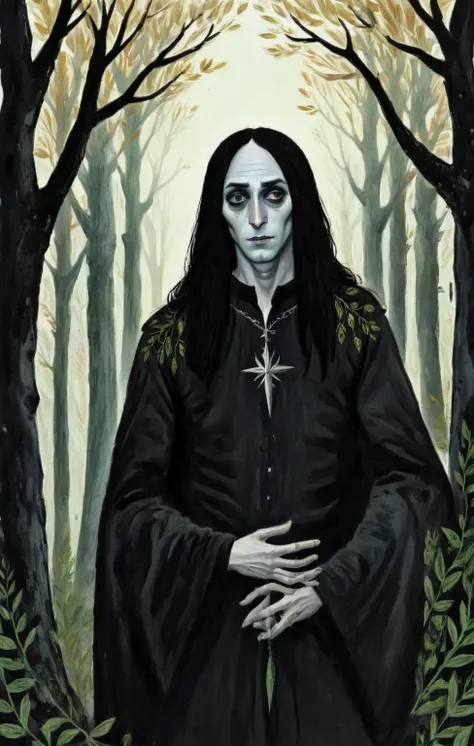 2D ART, hyper detailed gouache painting, illustration, gougoupaintleaves style, portrait of a man, 1boy, solo, long hair, male_drow:1.5, dark elf, black eyes, detailed face, handsome features, tonned, lean body, wearing vibrand black clothing, detailed han...