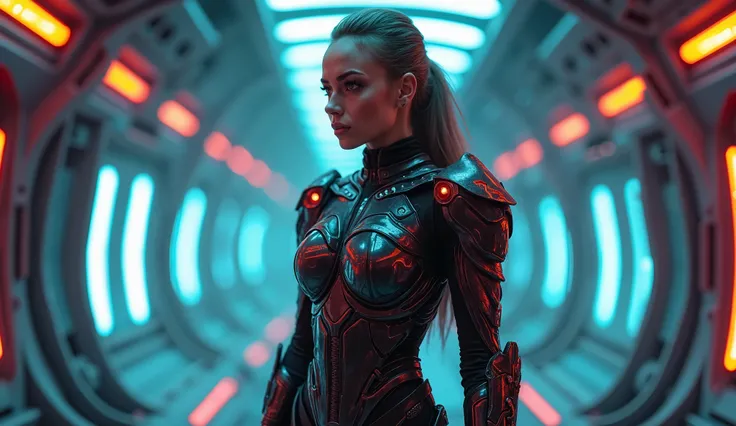 a woman wearing futuristic high-tech armor, standing in the interior of a sleek advanced spaceship, ready for battle, cinematic lighting, dramatic pose, highly detailed, photorealistic, 8k, intricate details, dynamic composition, glowing energy effects, me...