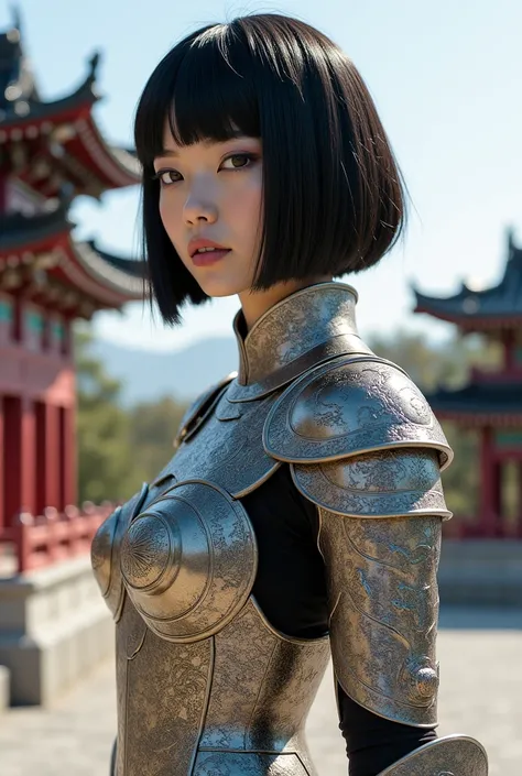  1 Japanese beauty ,  A full-body goddess wearing intricate armor who rules white dragons 、Temple Background、（ photorealistic:1.4）、 perfect anatomy 、Glowing Skin、 black hair、 bob cut hair、 with straight eyebrows and bangs 、A nicely aligned neckline 、 small...