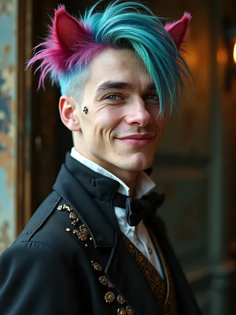 hd real face steampunk goth punk rock realistic nice color hair beautiful British young handsome man white pale skin adorable smiling giggling laughing eyes gently closing mimic wrinkles many feathers cat ears face expressions full portrait