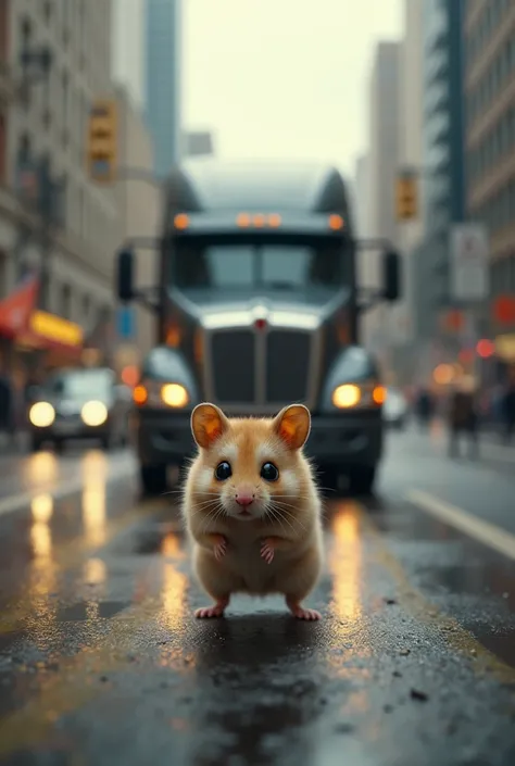 A busy street.  A small hamster is in the middle of the road, looking scared. A truck approaches.