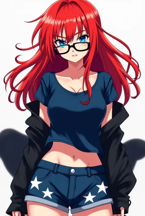 Woman with red hair with dark blue open t-shirt with blue glasses with black jacket with sleeves t-shirts blue shorts with white stars black face anime style