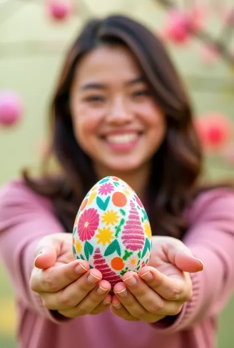 Smiling woman showing Easter egg