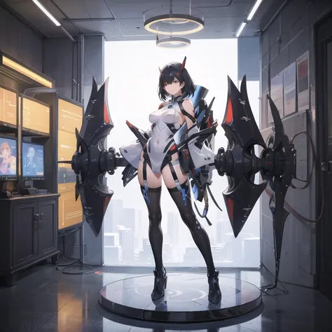 there is a woman（AI）Holographic display box with light ,  Holographic Rotating Around Her ,     Cyberpunk Statue  ,  Enterprise Holographic ,  Holographic Projection ,  Huge Holographic Image ,  OLED Glass Machine Armor goggles ,  Space Holographic Center ...