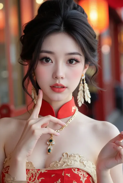 (  detailed body  ,   Detailed Face  ,   best quality  : 1.2),     Beautiful Japanese female model close-up ,  Gaze at the viewer, asymmetrical, Bird feather earrings  , necklace,    strapless，Dress in red collared robes，Embroidered dress with golden phoen...