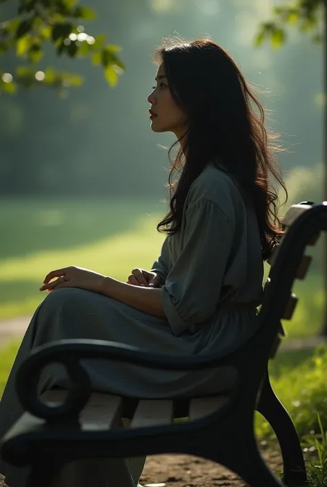   top quality  ,   masterpiece ,  realistic :, luminate ,  beautiful indonesian woman , today it says"ANAKE SOLIKIN "sitting alone on a park bench , her black hair unraveled by gusts of wind, His face looked sad , Blank view, The quiet atmosphere gripping 