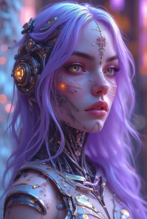 Character sheet, long wavy, light purple hair, complex 3D rendering, ultra detailed beautiful porcelain. Android woman face, cyborg, robotic details, beautiful studio soft light, ambient light, vibrant details, luxury cyberpunk, lace, hyperrealistic, anato...