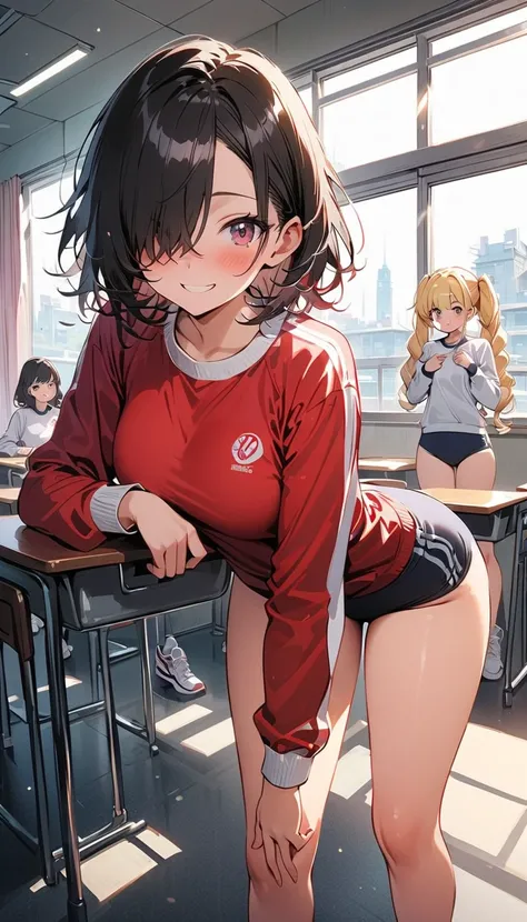 (4 girls : 1.3), girls ,(White gym clothes, Long Sleeve,Dark blue buruma, sneakers,pubic hair), black hair, blonde, Hair, ponytail , bob cut, twin tails, long hair, short hair, wavy hair, braids,Forehead, Hair Over One Eye,smile,Embarrassed,blush, Sports,c...