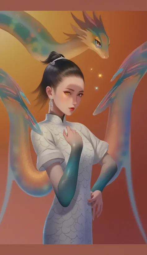 A beautifully detailed mythological girl with a serpentine body, body with intricate snake scales, flowing hair, glowing eyes, detailed face, elegant and graceful pose, Ancient Chinese myths and legends of Nuwa, Fuxi, Mystical and Divine Being, 8K, High Re...