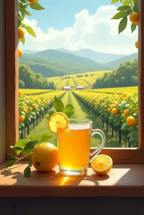 lemon and honey in a cup together on a window in a field with fruit crops