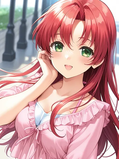 masterpiece, best quality, SetoAyano, 1girl, solo, long hair, red hair, green eyes, breasts, happy, smile, summer fashion, I'm on a date with my girlfriend while walking around town,