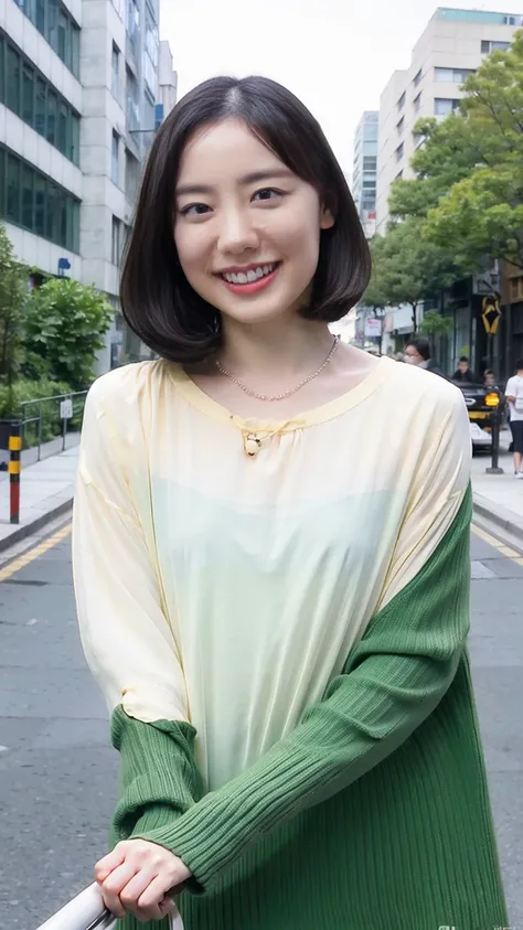 ( top quality, 16k,  Masterpiece,  super high resolution: 1.2), Photo Beautiful Japanese woman  , room,  Her shy smile is so beautiful:1.8、(( pale skin on a street car:1.5))，Beautiful Features, perfect figure,  curly short hair,  full body photo, Extra lar...