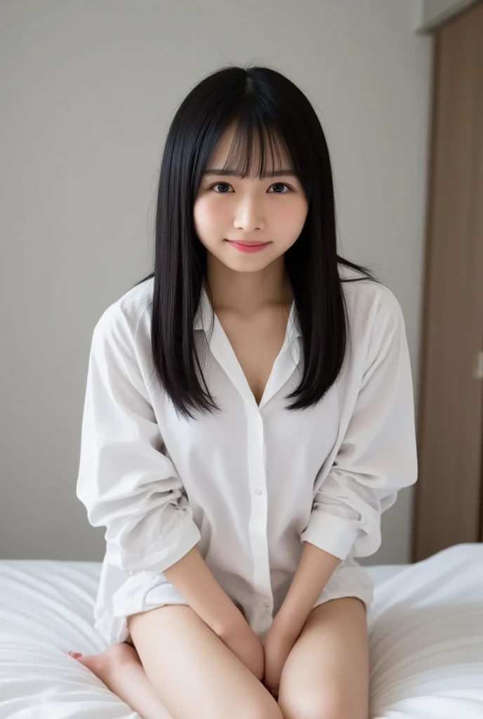 ((((( young girl:1.55))))),(((  stand on all fours on the bed:2.97))),( Masterpiece, top quality:1.4),8k, RAW photos ,nsfw:1.4,  detailed skin,詳細な毛穴,( completely naked:1.55),(baby face), reality,  Hotel Room 、smile、((( oversized white shirt:1.42))),,  full...