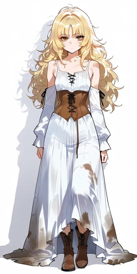 masterpiece, best quality, amazing quality, (1girl:1.2), (tall girl, blonde long messy hair, parted messy bangs, brown eyes, small breasts, white sleeveless collarless long dress, white sleeves, brown corset, brown leather short boots), dirty clothes, dirt...