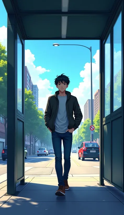 (anime) a young man who was walking left a bus stop