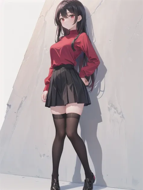 araffe woman in a red shirt and black skirt leaning against a wall, thighhighs and skirt, wearing skirt and high socks, full body picture, wearing tight simple clothes, mini-skirt, wearing skirt, outfit photo, red and black, full body;, black and red, full...