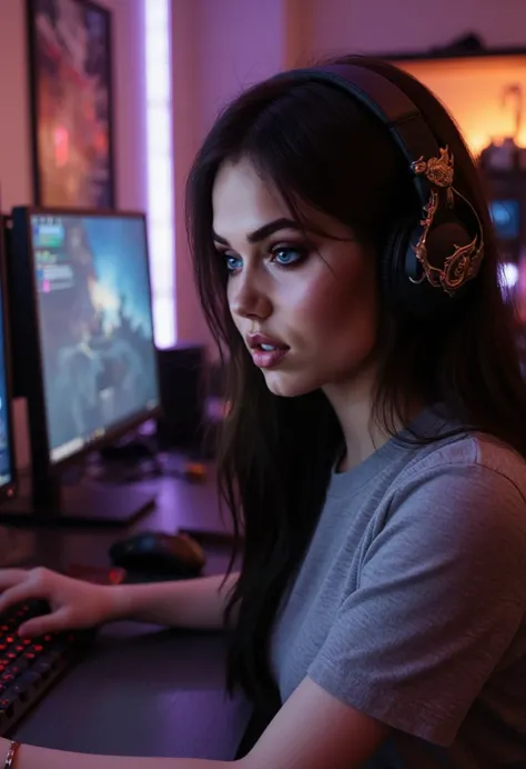 Create a, OF THIS SAME WOMAN WITH THE SAME FACE TOTALLY REALISTIC, SITTING IN A LAN HOUSE, PLAYING ON A GAMER COMPUTER WITH RGB LIGHT,  WITH DRAGON HEADPHONES , WHILE PLAYING LEAGUE OF LEGENDS