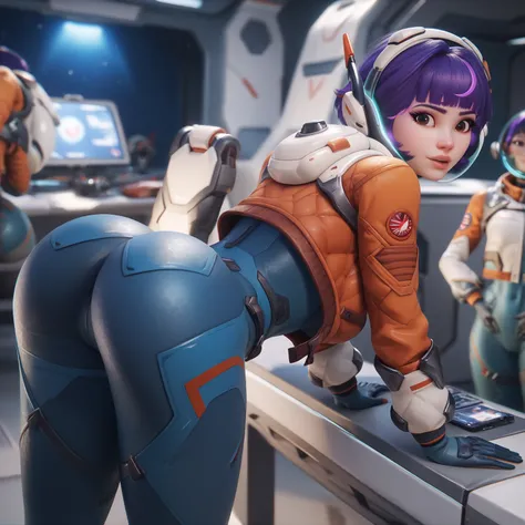 1girl, short hair, brown eyes, curvy waist, skinny, butt, big boobs, bent over, big butt, exposed tits, horny, ass, jn0, space suit, purple hair,