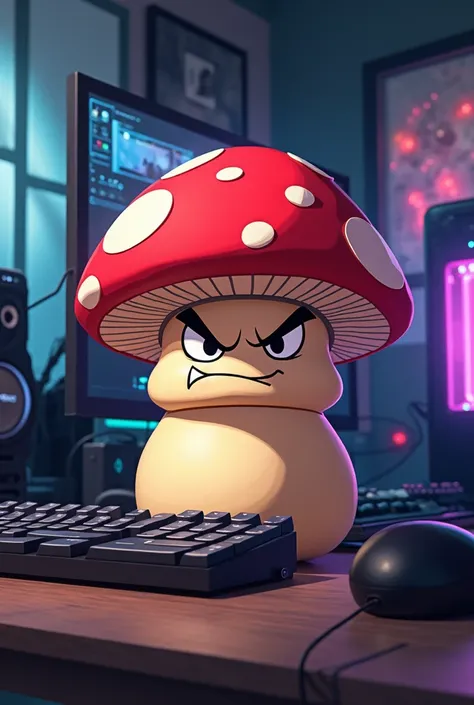 Angry Mushroom anime in the gamer room at the gaming computer 