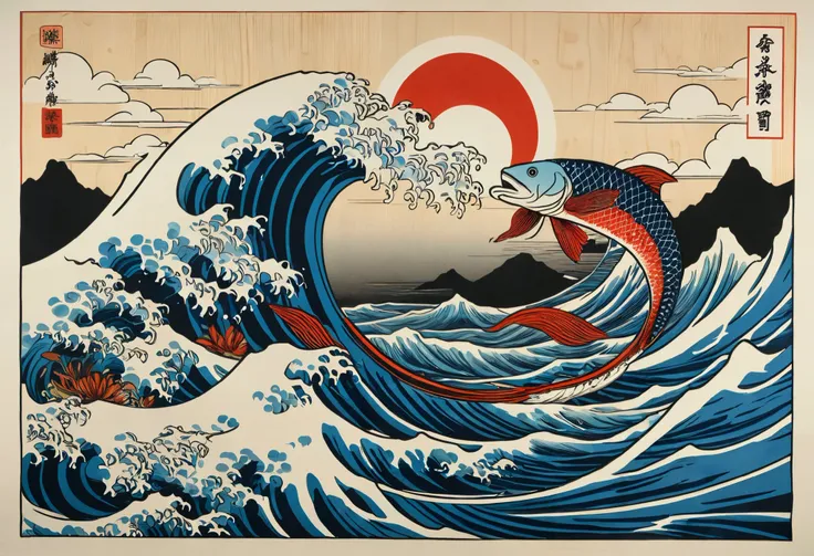 There's a fish jumping out of the water ,  woodblock print inspired by Utagawa Kunimasa ,  Flickr , ukiyo-e, katsushika Hokusai style, Hokusai style,  Master Color Woodcut ,  Japanese woodblock print ,   Japanese woodblock print スタイル , Diego Coy,  Let's ta...