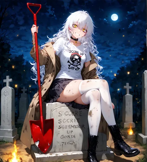  cemetery ,  night, luz de luna, ( Long hair,  white hair,  wavy hair, messy hair),  small breasts, black trench coat,  dirty white t-shirt and broken ,  dirty black skirt ,  knee-length white stockings, black boots, bracelets,   bracelets , collar, silly ...