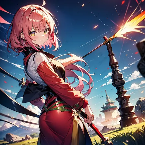 " A stylish, nostalgic anime-style illustration ". A age girl with pink hair and golden eyes with red scales on the back of her hands and cheeks is a legendary spear made of dragon material They are attacking here with。 That girl has a slender figure and a...