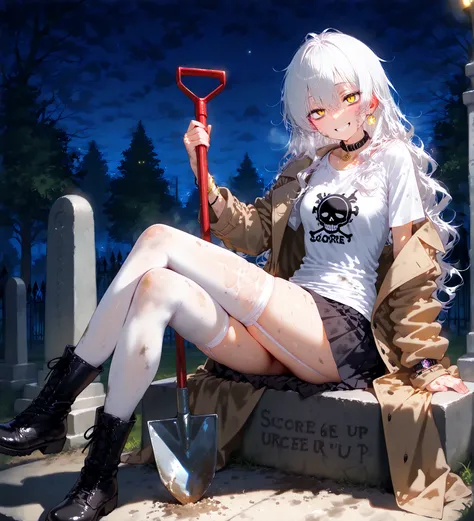  cemetery ,  night, luz de luna, ( Long hair,  white hair,  wavy hair, messy hair),  small breasts, black trench coat,  dirty white t-shirt and broken ,  dirty black skirt ,  knee-length white stockings, black boots, bracelets,   bracelets , collar, silly ...