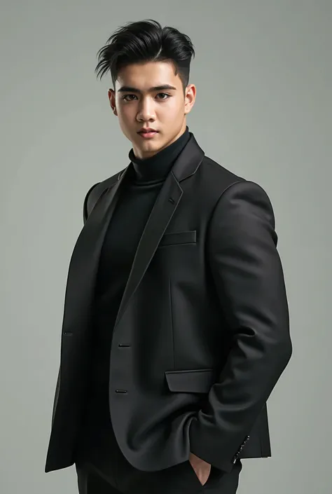 create a perfect realistic young Korean man, with black hair hair style, tall and strong, muscular and in black clothes, look like Korean actor Song Kang