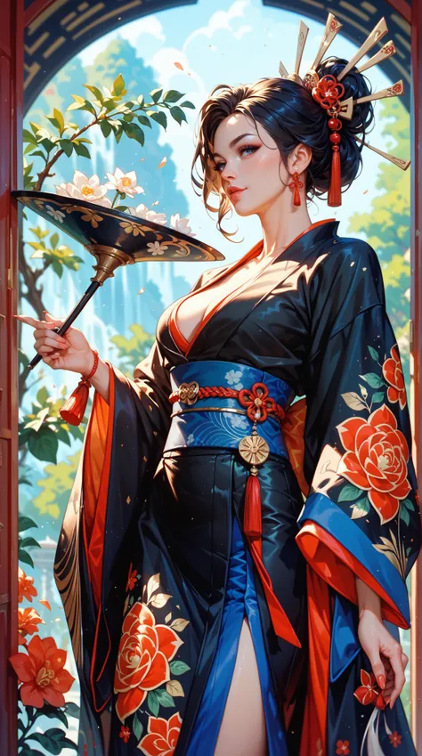 's beautiful depiction of a lone figure wearing a black kimono ， with wide sleeves and a gorgeous belt，Reminiscent of Shadowheart 《 Bodo Gate 》 in 。 for Audience