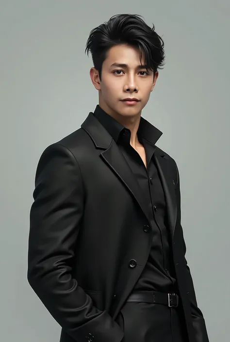 create a perfect realistic young Korean man, with black hair hair style, tall and strong, muscular and in black clothes, look like Korean actor Song Kang