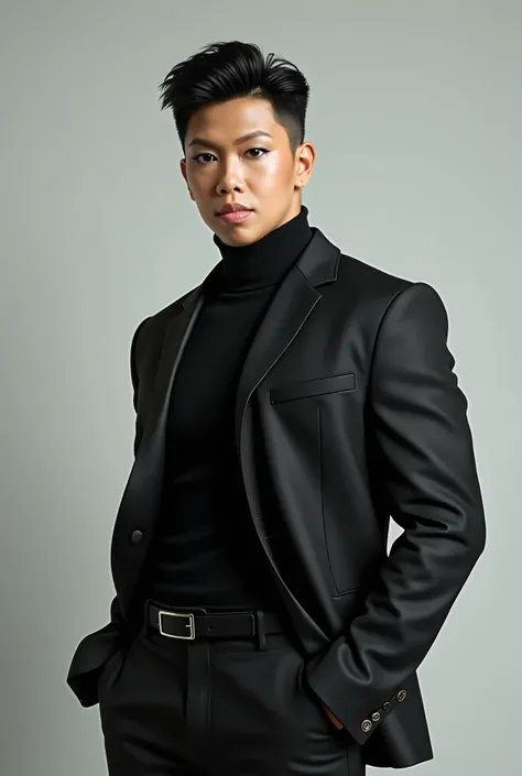 create a perfect realistic young Korean man, with black hair hair style, tall and strong, muscular and in black clothes, look like Korean actor Song Kang