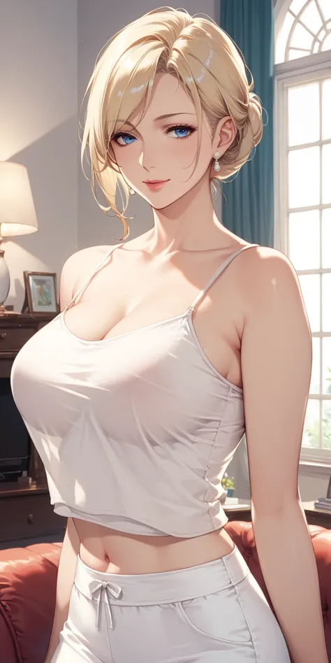 score_9, score_8_up, score_7_up, blonde, chignon hair, blue eyes, perfect eyes, anime milf, elegant mature woman, wise face, oversize camisole, home, soft light