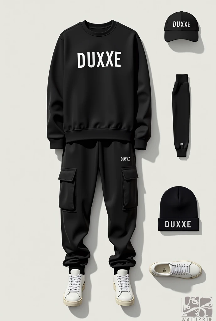 Je vais créer un look avec ces éléments. Voici ce que je vais imaginer :

Un sweat-shirt noir avec un design moderne avec le logo DUXXE, légèrement oversized.

Un pantalon cargo noir pour un style décontracté et pratique, avec des poches visibles.Avec le l...