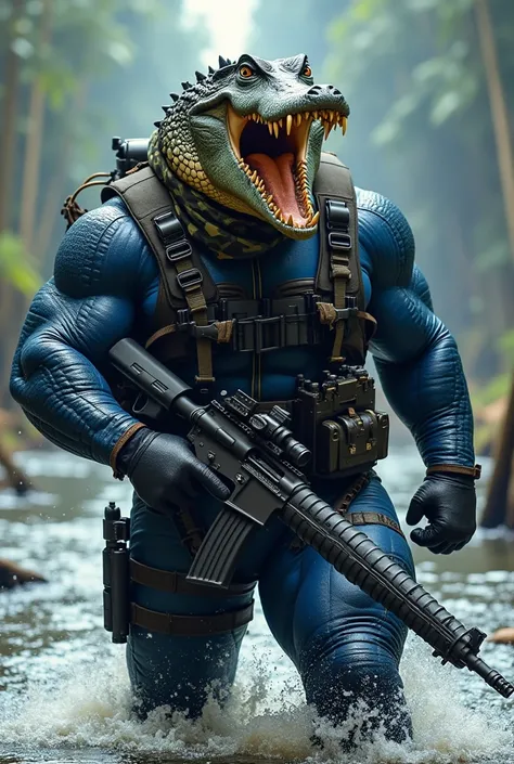 (A rugged beefy extremely muscular bulky roaring crocodile man), (wearing blue fully-zipped fullbody wetsuit), holding a rifle, wearing bulky harness, wearing bulky scuba gear, wearing army camouflage hero scarf, muscular physique, toned muscles, fierce, h...