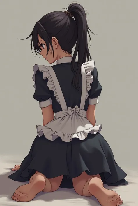 Beautiful girl with black hair, ponytail, maid clothes, skirt, on all fours, embarrassing feelings from behind